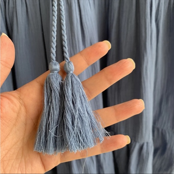 Eri + Ali Blue mini tunic dress size Medium tiered Neck tie lined - Picture 5 of 11